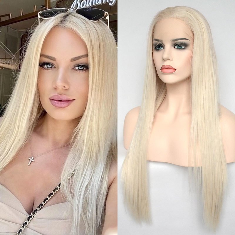 Jozlynn Platinum Blonde Lace Front Wigs Synthetic Silky Straight Hair for Fashion Women Replacement Wigs Half Hand Tied Natural Hairline 22inch (Platinum Blonde,Straight, 22 Inch)