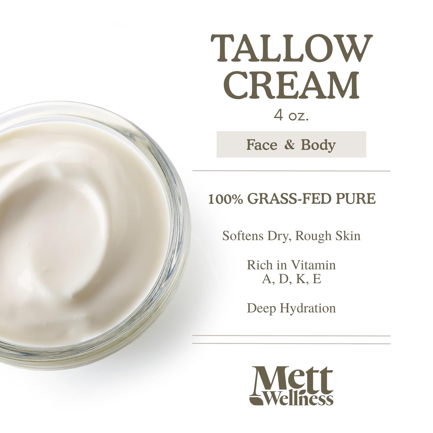 Mett Wellness Whipped Tallow Cream | 4oz Fragrance-Free Face & Body Moisturizer | Rich in Essential Fatty Acids & Vitamins A, D, E, K | Made with Collagen
