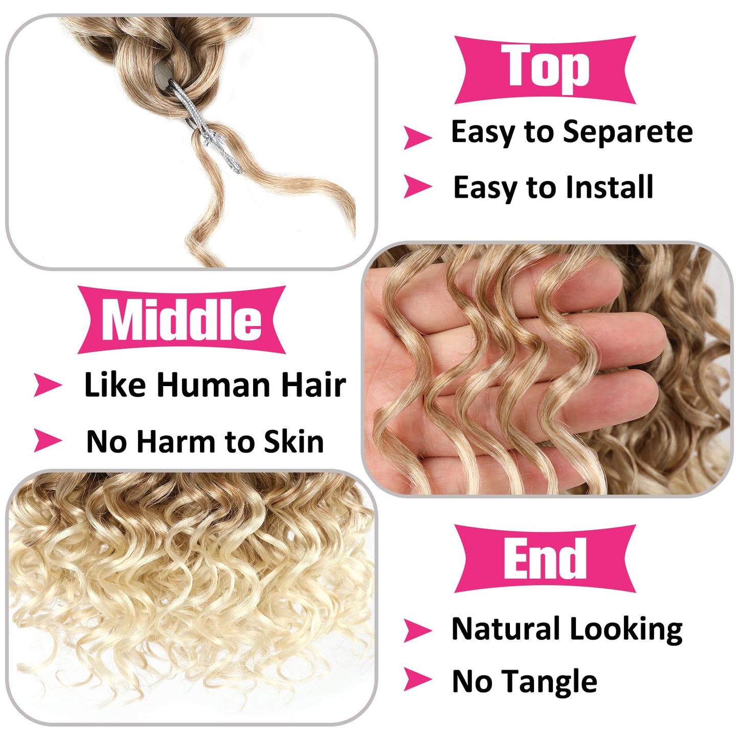 Unionbeauty 8 Pack GoGo Curl Crochet Hair Ocean Wave 18 Inch Water Wave Beach Curl Curly Crochet Hair Ombre Blonde Synthetic Curly Braiding Hair Extension for Women T27/613#