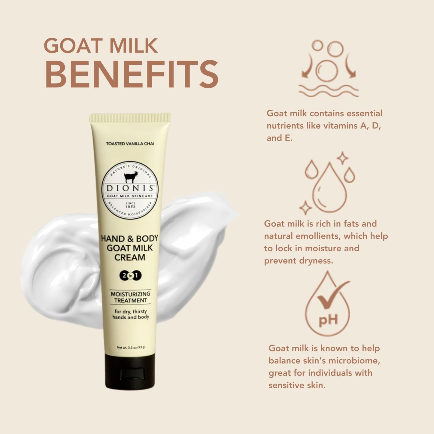 Dionis Goat Milk Skincare Bundle - Vanilla Chai Hand & Body Cream (3.3 oz Travel Size) & Body Lotion (8.5 oz Full Size), Moisturizing Set for Dry and Sensitive Skin, Cruelty-Free and Paraben-Free