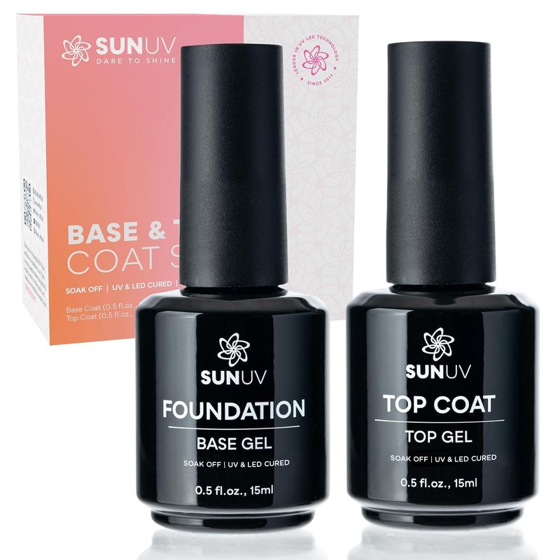 SUNUV 15ml Gel Top Coat and Base Coat Set, Hema Free Gel Nail Polish Kit 2 Pack, Art Manicure UV Nail Lamp No Wipe High Gloss Gifts for Women