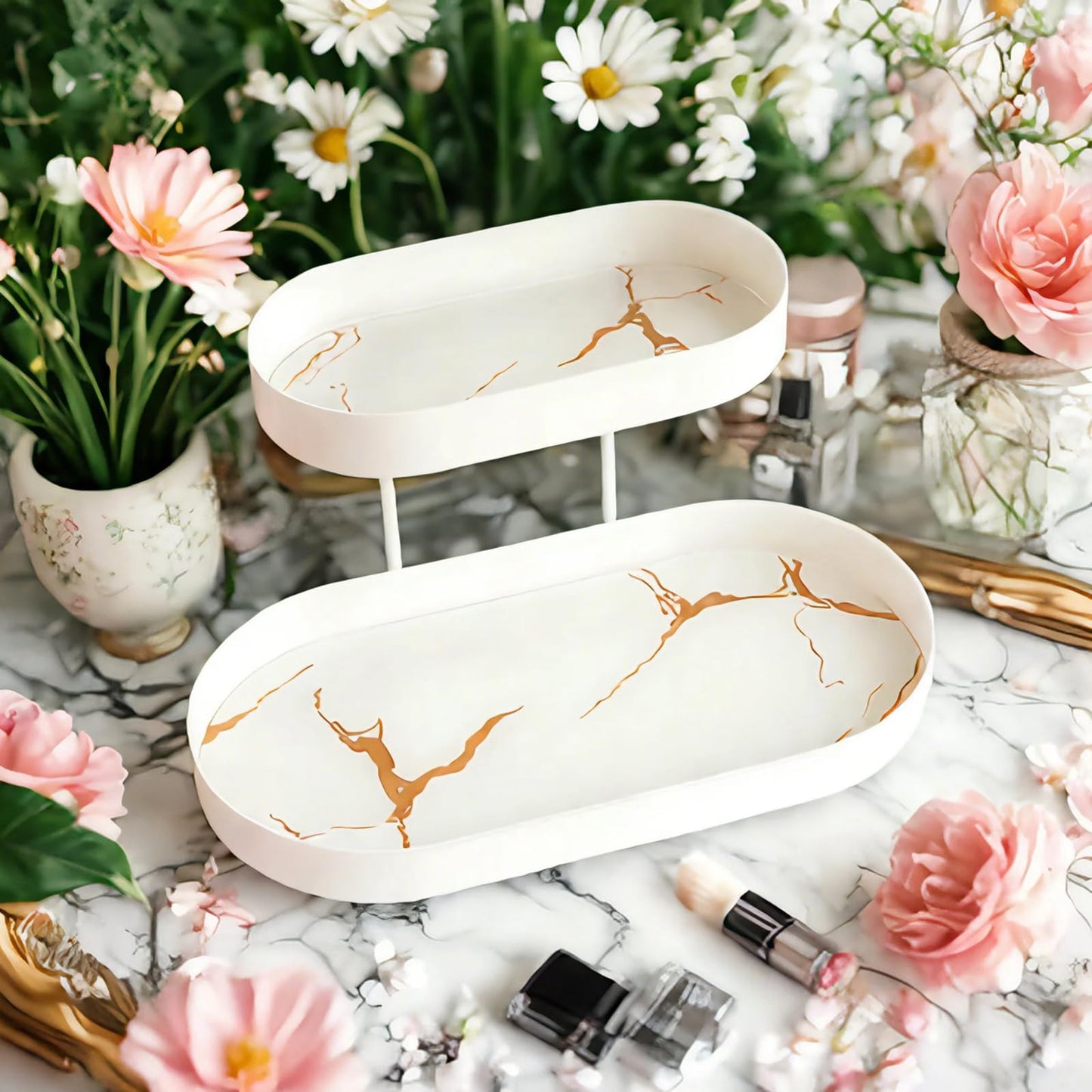 Modern White 2 Layer Metal Perfume Organizer with Marble Stripe Tray - Jewelry & Skincare Display Rack for Bathroom Dresser, Dresser Countertop