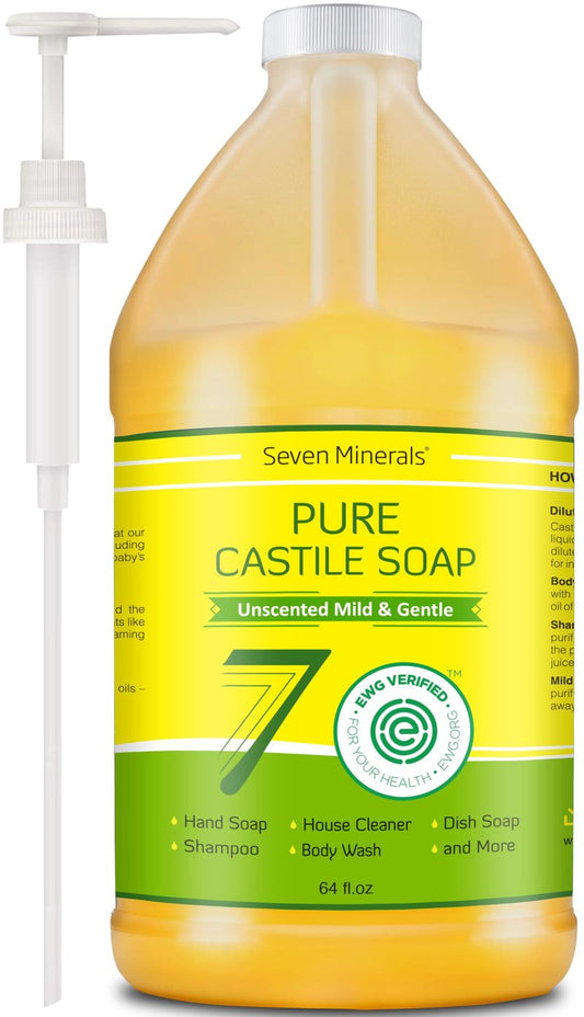 Seven Minerals Pure Castile Soap - No Palm Oil, GMO-Free - Gentle Liquid Soap For Sensitive Skin & Baby Wash - All Natural Vegan Formula with Organic Carrier Oils (64 FL Oz, An Unscented)