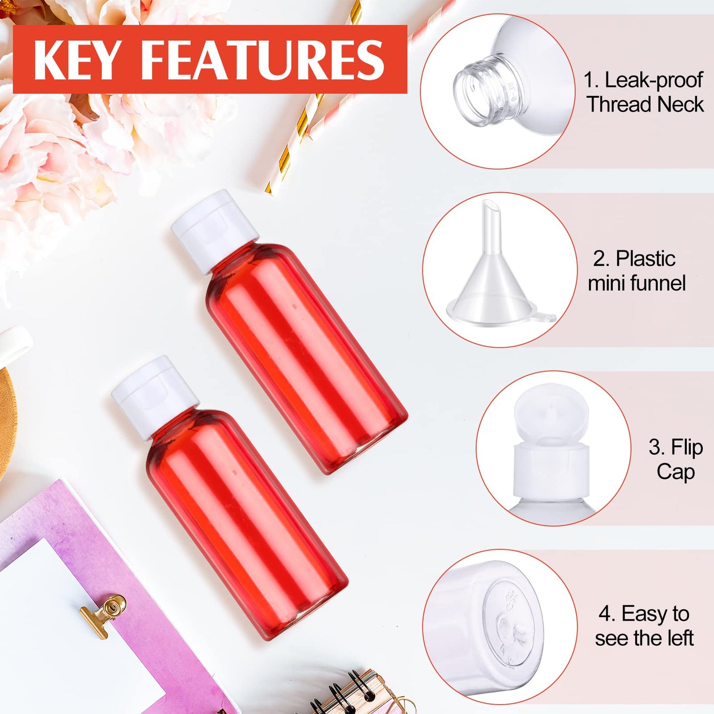 Eccliy 100 Pack 2 oz Plastic Bottles Travel Lotion Bottle Squeeze Container Plastic Bottles with Caps Small Travel Empty Refillable Toiletry Containers for Liquid Lotion Creams with 5 Funnels(Clear)