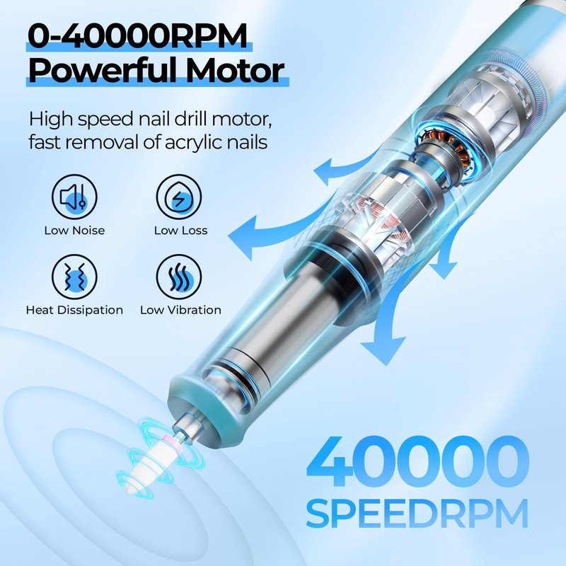 JOSGLOI Electric Nail Drill Professional: 40000RPM Electric Nail File Kit E File Nail Drill Machine with LCD Display for Acrylic Gel Nail, Manicure Pedicure Polishing Nail Grinder for Salon Home Use