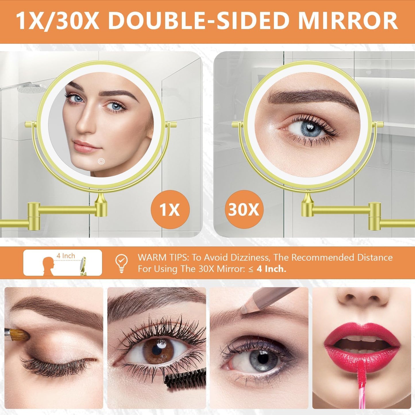 Auxmir Wall Mounted Makeup Mirror - 1X/30X Double-Sided Magnifying, Dimmable 3-Color Light, 360° Rotation | 8" Gold Finish