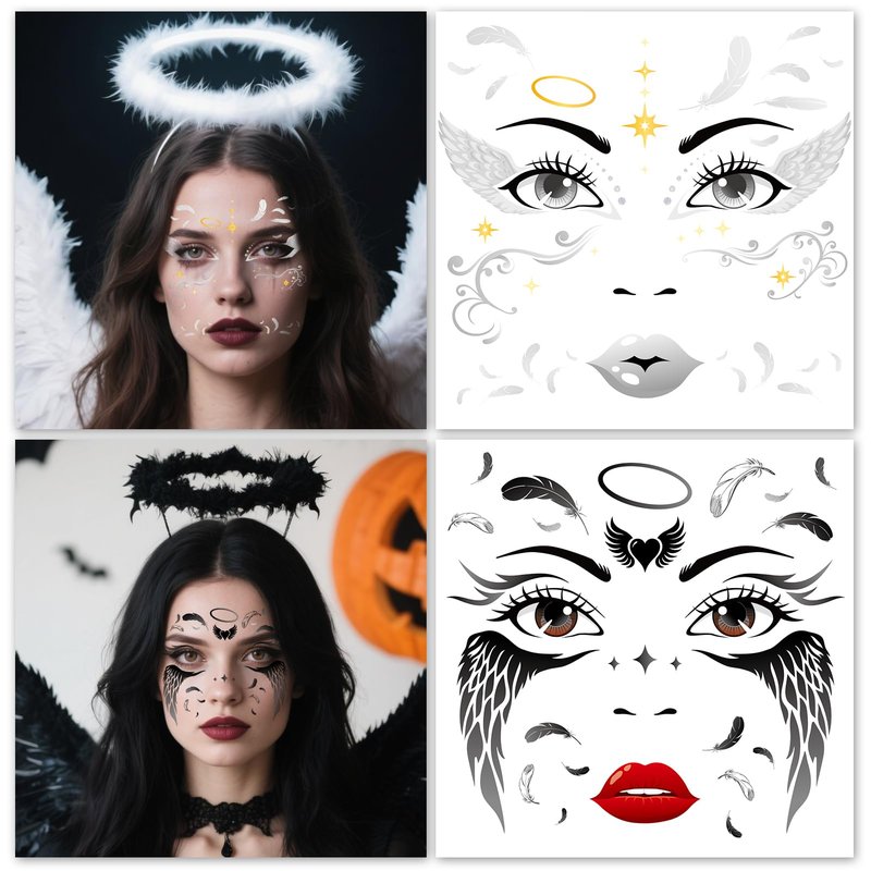 HOWAF 4 Sheets Halloween Angel Face Tattoos Angel Wing Full Face Temporary Tattoos for Hallows' Eve Angels Costumes Accessories, Black and White Fallen Angels Tattoo Stickers