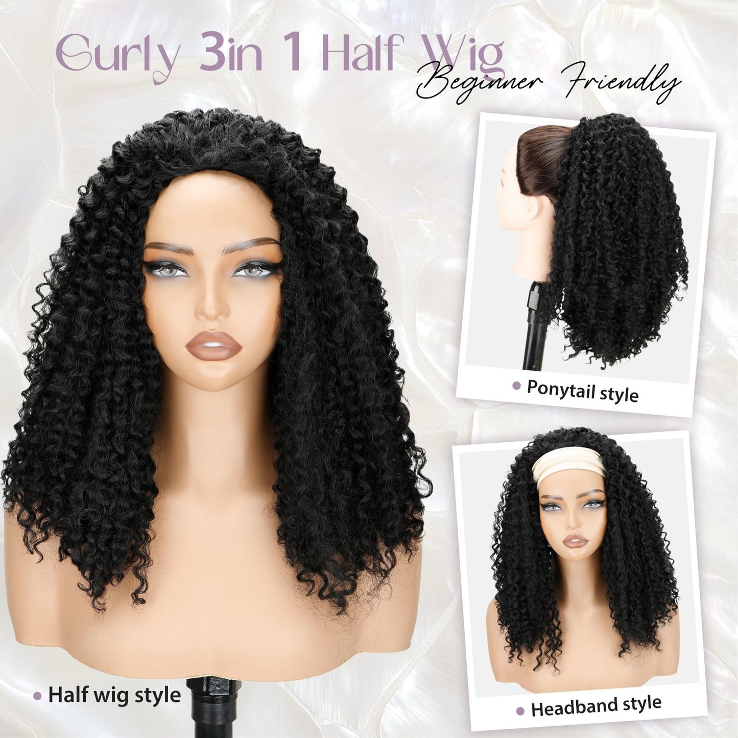 NOSTALGIA Kinky Curly Half Wig 16 Inch Curly 3 In 1 Half Wigs for Women Drawstring Seamless Flip Headband Wig Beginner Friendly Glueless Synthetic With Natural Density (Jet Black 1B)