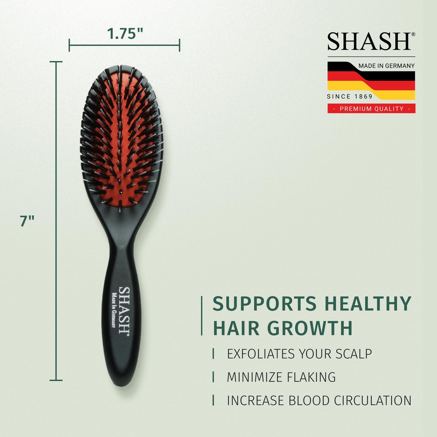 SHASH Since 1869 Hand Made In Germany - Nylon Boar Bristle Brush Suitable For Normal to Thick Hair Gently Detangles, No Pulling or Split Ends - Softens Improves Hair Texture, Stimulates (Extra Small)