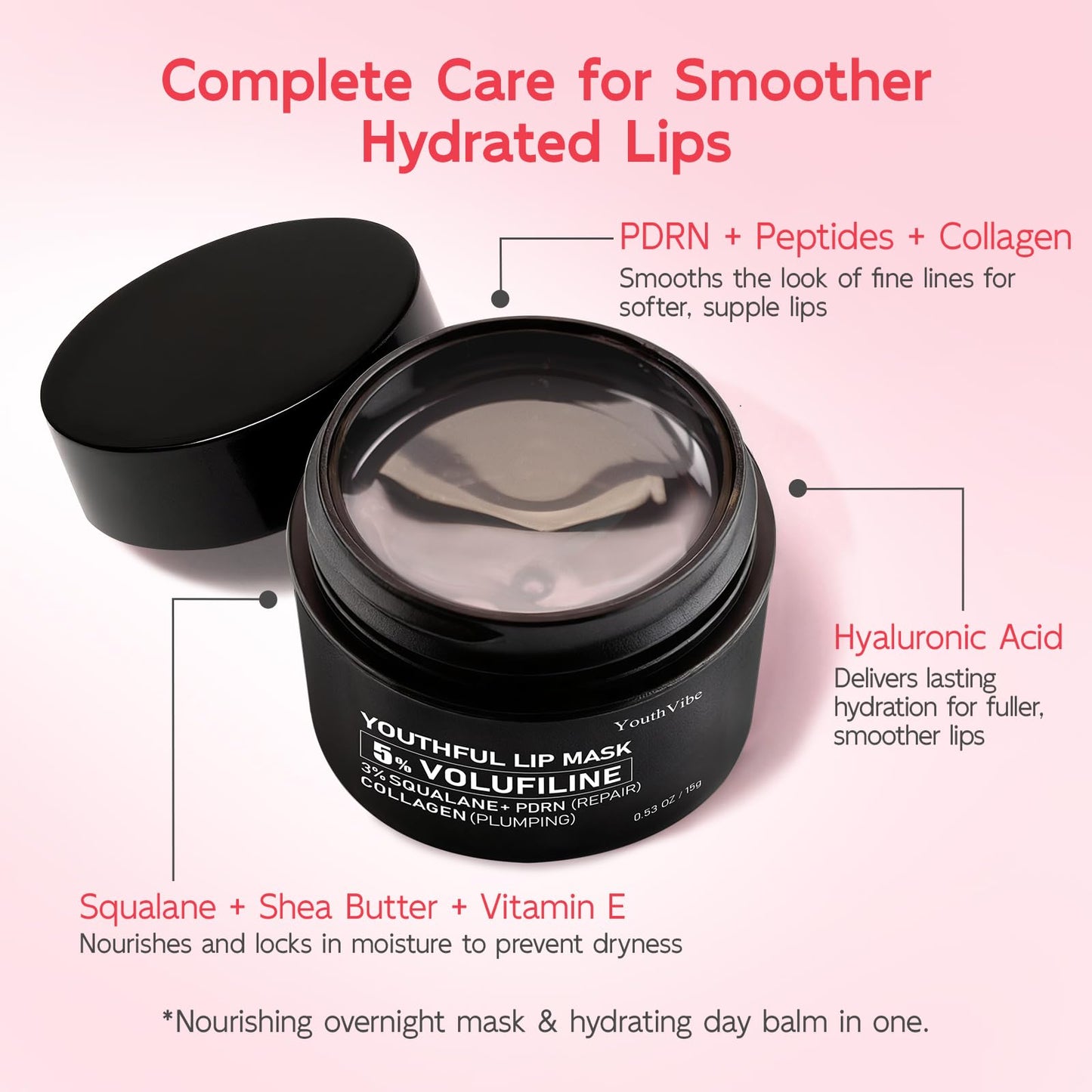 YouthVibe Lip Mask Overnight Moisturizing - Nourish & Hydrate, Antioxidants, 5% Volufiline, Vitamin E, Shea Butter, PDRN & Collagen Sleeping Lip Treatment for Dry, Chapped Lips