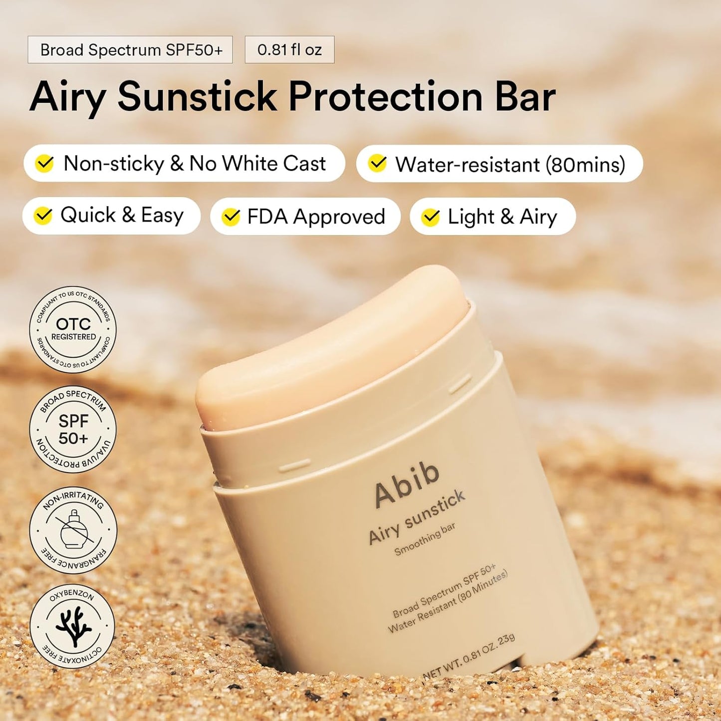 Abib Airy Sunstick SPF50+ | Broad Spectrum Sunscreen Stick for Oily & Combination Skin, Water-Resistant, 0.81 oz