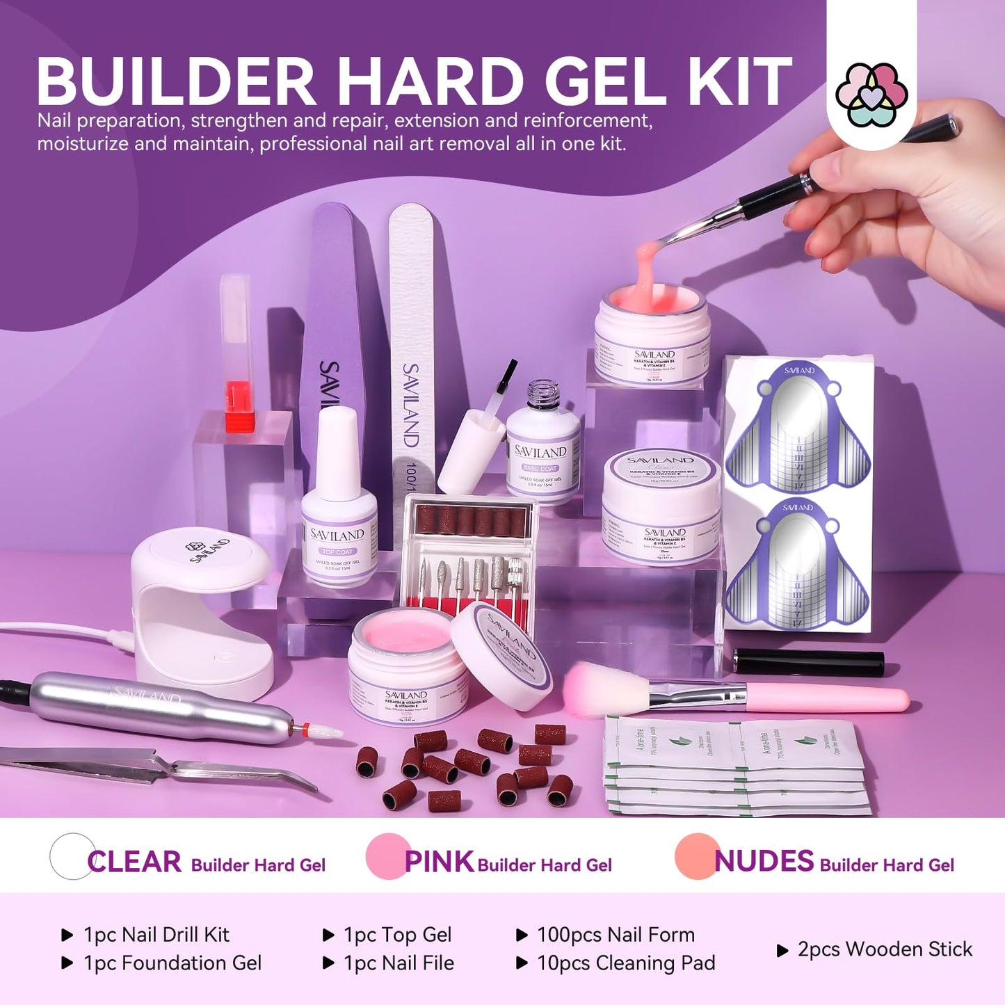 Saviland Builder Gel Set With Drill - 4 Pcs Hard Gel (VE&VB5&Kerain) Clear Pink Nudes, Lamp, Brush, Strengthener for Extension Shaping DIY at Home Salon