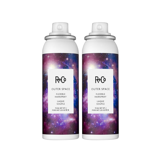 R+Co Outer Space Flexible Hairspray Mini 2 Pack – Travel Size Flexible Hold Finishing Spray – Lightweight, Brushable Hold for All Hair Types