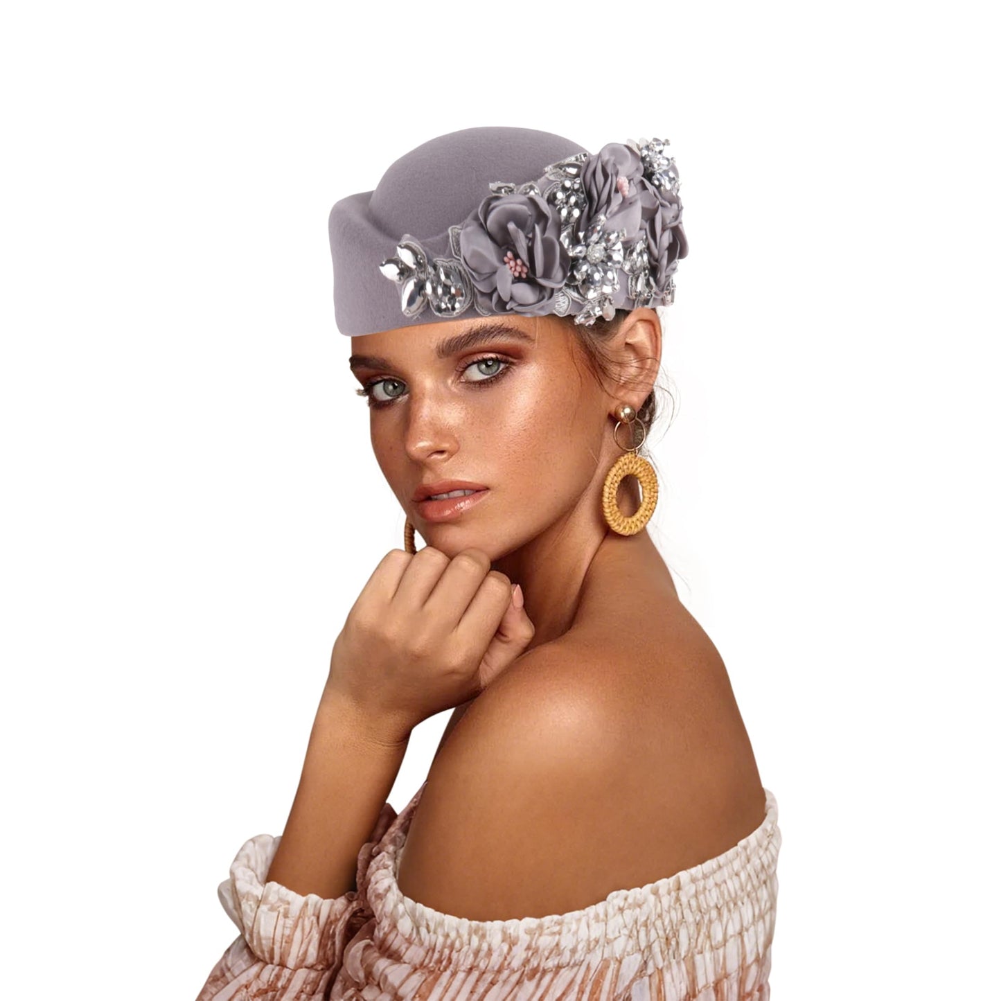 Beret Hats for Women British Felt hat Women's Church Derby Headdress Women's Floral hat Suitable for Wedding Parties Events (Gray)