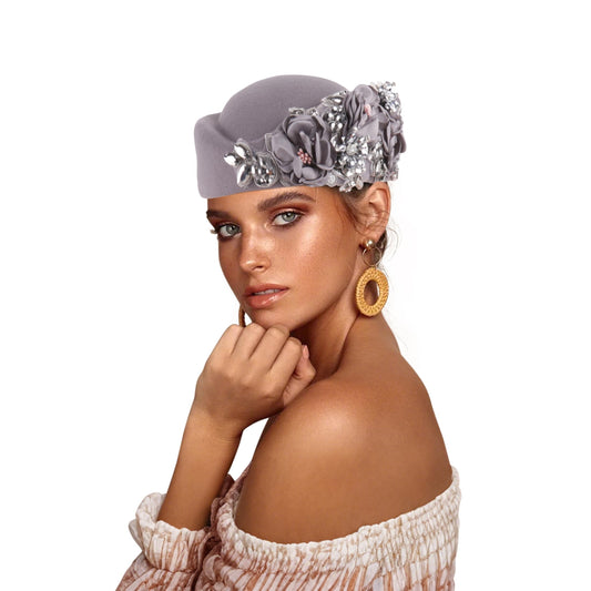 Beret Hats for Women British Felt hat Women's Church Derby Headdress Women's Floral hat Suitable for Wedding Parties Events (Gray)