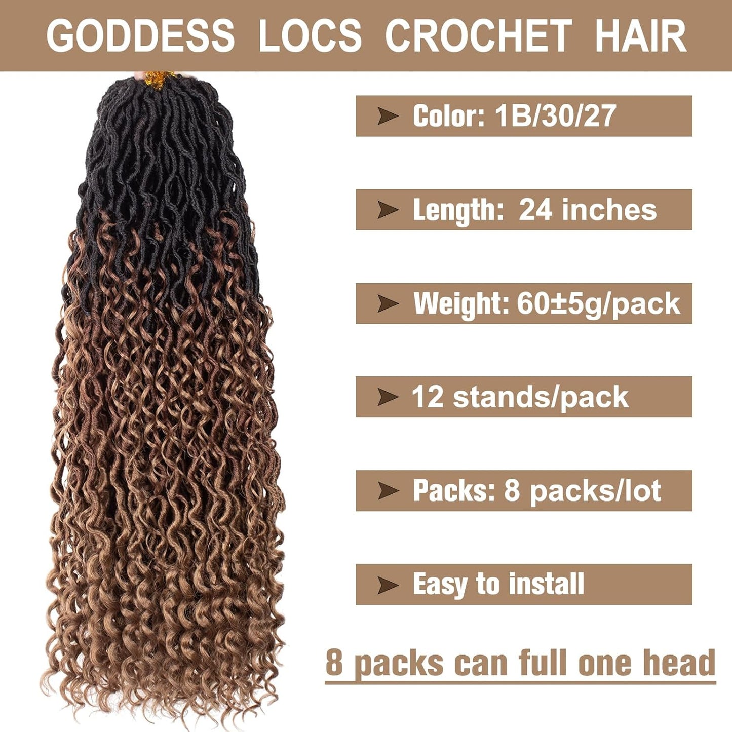 COOKOO 24 Inch Boho Crochet Hair Extensions - 8 PCS Goddess Locs with Curly Ends | Synthetic 1B/30/27