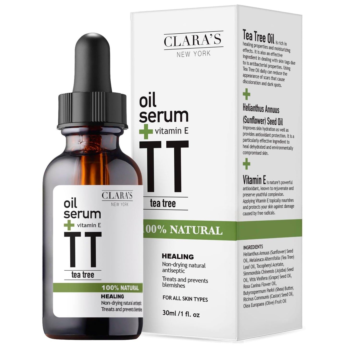 Clara's New York Tea Tree & Vitamin E Facial Oil Serum – Lightweight, Hydrating, Calming Skin for All Types – 30ml / 1 Fl Oz