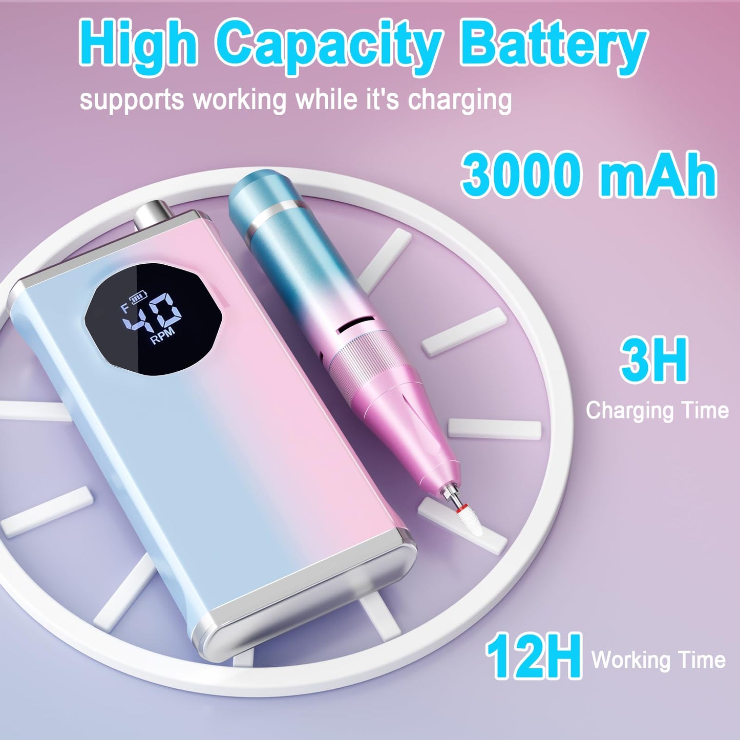 Nail Drill Professional 40000RPM for Acrylic Nails, Nail Drill Portable Electric Nail Drill for Nail Manicure, Nail Drill Rechargeable High Capacity for Salon and Home Use (Pink-Blue)