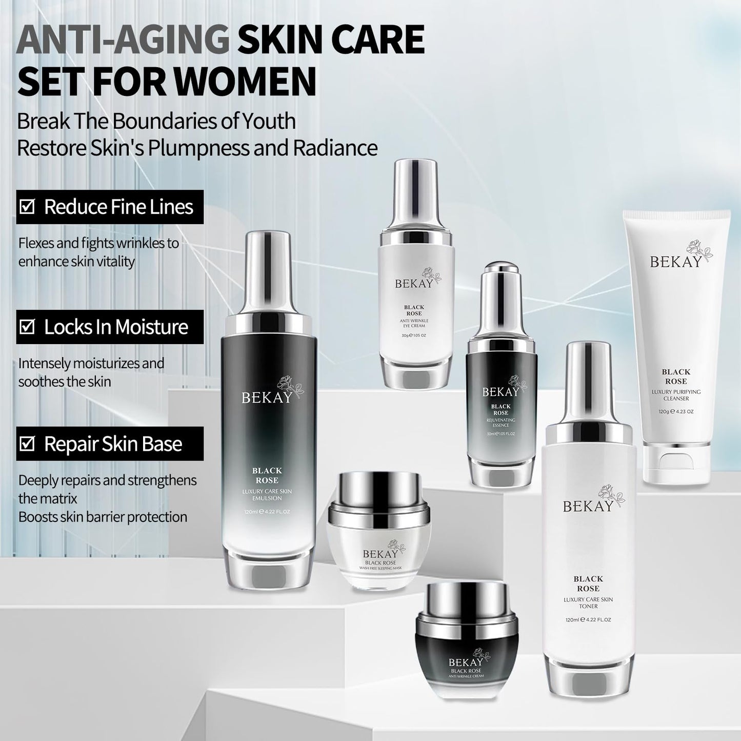 R RadiantRise Anti-Wrinkle Skin Care Set Black Rose Moisturizing Hydrating Skin Care Kit For All Types Of Skin Valentine's Day Gift