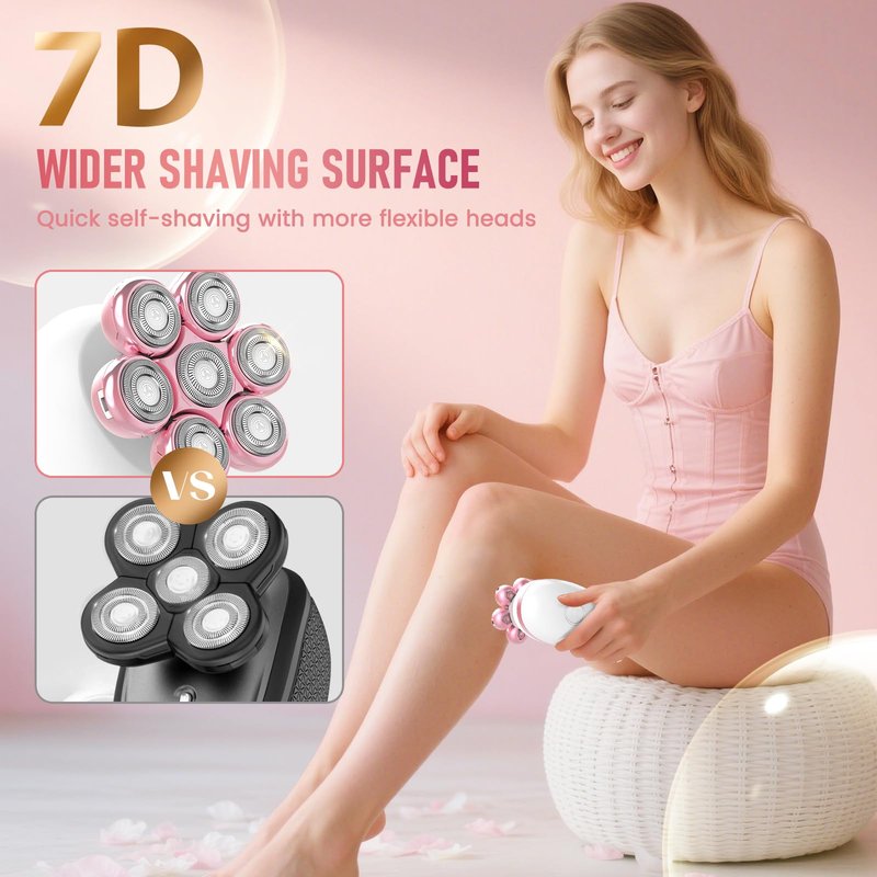 Electric Razors for Women, 7D Rotary Shaver for Legs Bikini Rechargeable, Wet/Dry Hair Removal Kit for Whole Body, Cordless Lady Trimmer Groomer, Wider Shaving Surface, Peach
