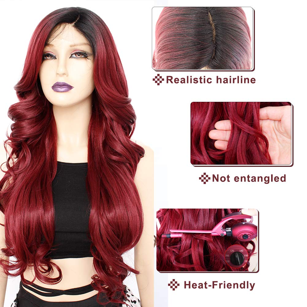 Ebingoo + Wig Cap 26 Inch Burgundy Lace Front Wigs with Dark Roots Wine Red Lace Front Wig With Baby Hair Ombre Red Lace Front Wigs for Women Daily Wear Party