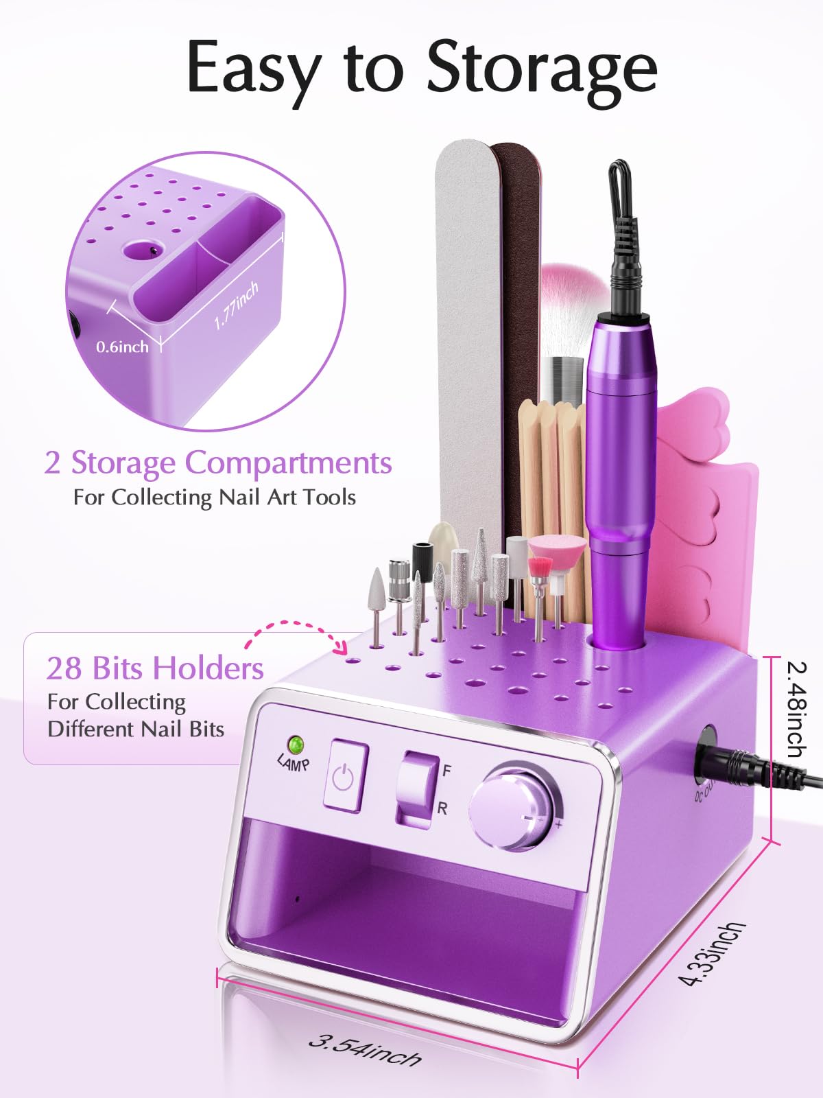 Subay Nail Drill Machine Electric File, Portable for Acrylic Gel Dip Powder Nails, Nail Drill Kit for Manicure Pedicure, Nail Set with Everything, Purple