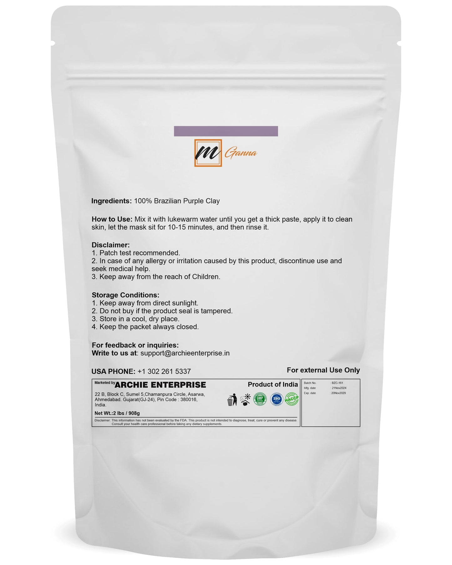 mGanna 100% Natural Brazilian Purple Clay for Hair Masks, Scrubs, Creams and Soap Making 2 LBS / 908 GMS