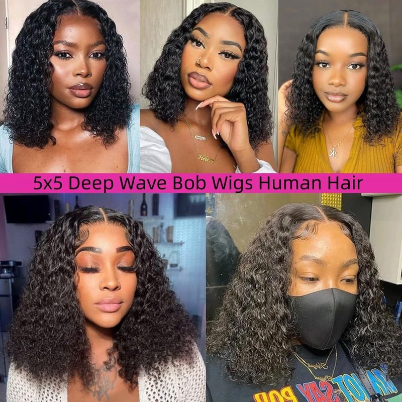 GCTGCT Glueless Deep Wave Bob Wigs Human Hair Pre Plucked Curly BOB Wig Human Hair 5x5 HD Lace Closure Human Hair Wigs for Women Black Deep Wave Pre Plucked Lace Wig Wear and Go 180 Density (10 Inch)