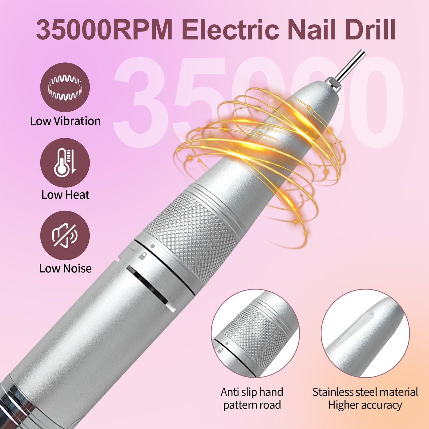 Electric Professional Nail Dril 35000RPM Pink Nail File for Acrylics Gel Nail Polish Remove Cordless Portable Rechargeable Nail Drill Kit for Home Salon Manicure Pedicure