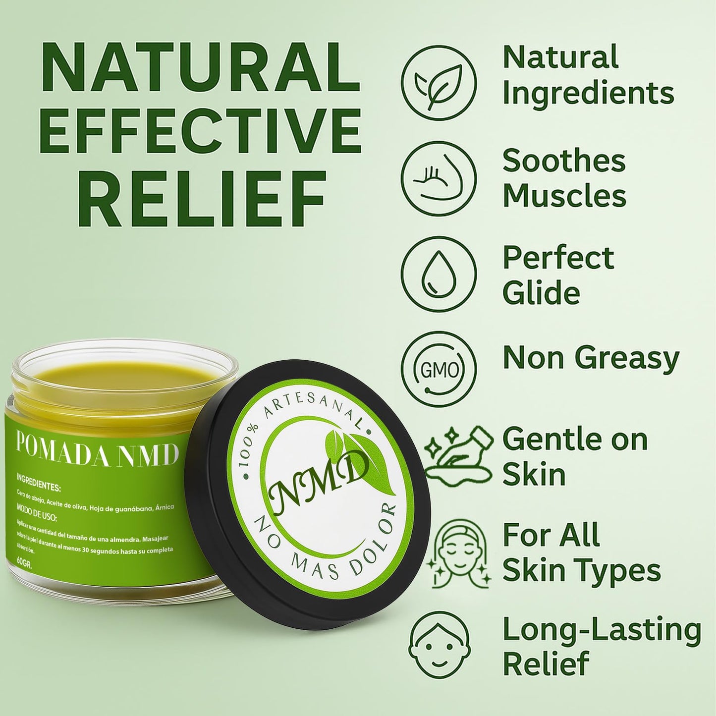 KOVGOCY Pomada NMD, NMD Pomada para Dolor with Arnica, Olive oil, Soursop leaf, Beeswax, Maximum Strength Comfort Cream for Muscle, Feet, Hands, Legs, Toes, Back, 2.11OZ / 60G (1)
