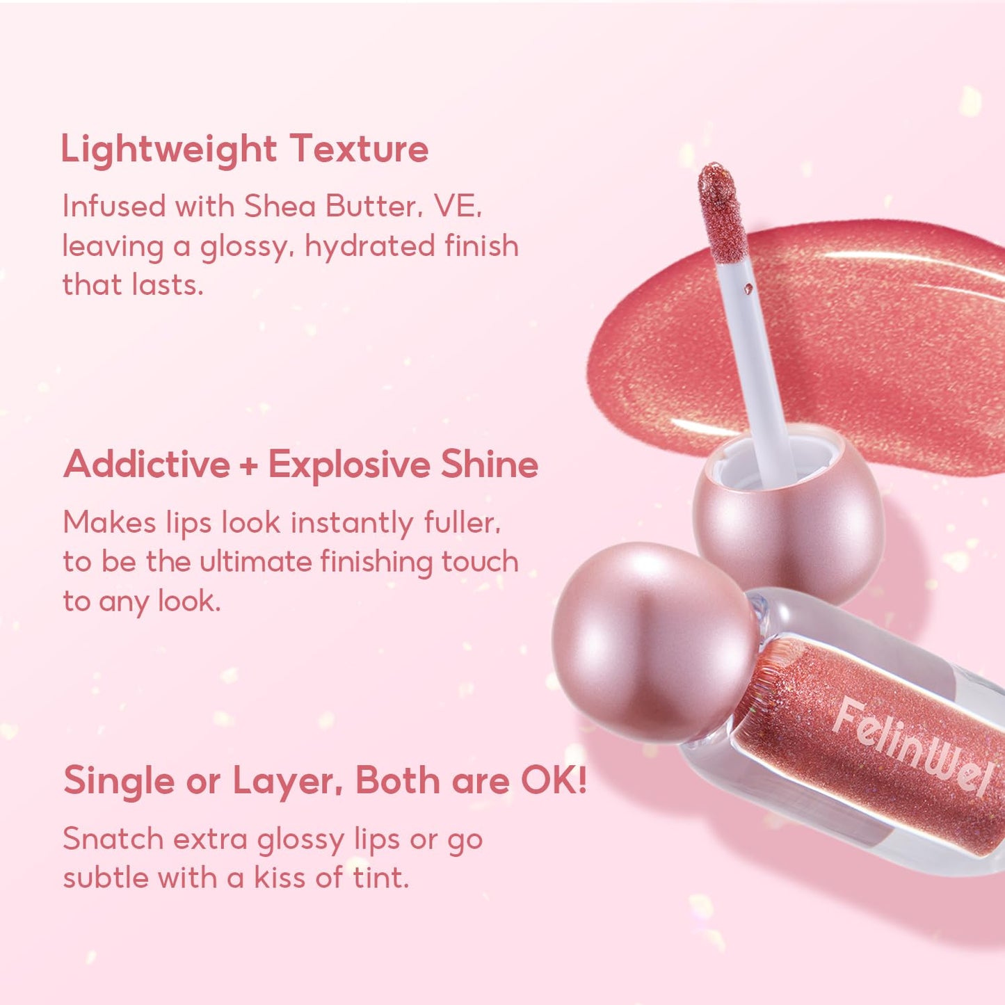 FelinWel Super Sparkly Lip Gloss, Shining and Nourishing, Fresh Texture, Buildable Formula, One for Multipurpose, 03# Cherry Glaze