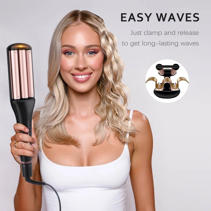 4 in 1 Crimper Hair Tool - Hair Waver with Adjustable Depths for 4 Wavy Styles, Beach Waves Curling Iron with 3 Ceramic Barrels, 4 Temperatures, Dual Voltage, for Women (Gold)