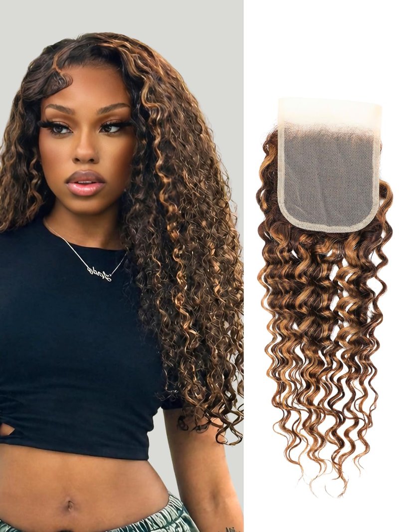 AUROO Honey Blonde Highlight Deep Wave Closure Only Human Hair, 100% Hand Tied 12A Brazilian Virgin 4x4 HD Transparent Lace Closure Pre Plucked P4/27 Ombre Brown Curly Lace Closure Sew In Remy 14 Inch