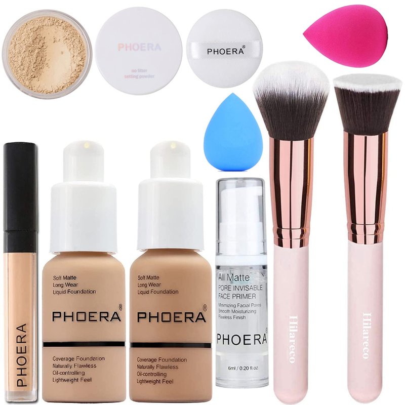 PHOERA Foundation,Full Coverage Foundation, Primer,Powder, Concealer,Makeup Set, Kabuki Makeup Brushes Foundation Brush Powder,2 Makeup Sponge (104 Buff Beige + 105 Sand）