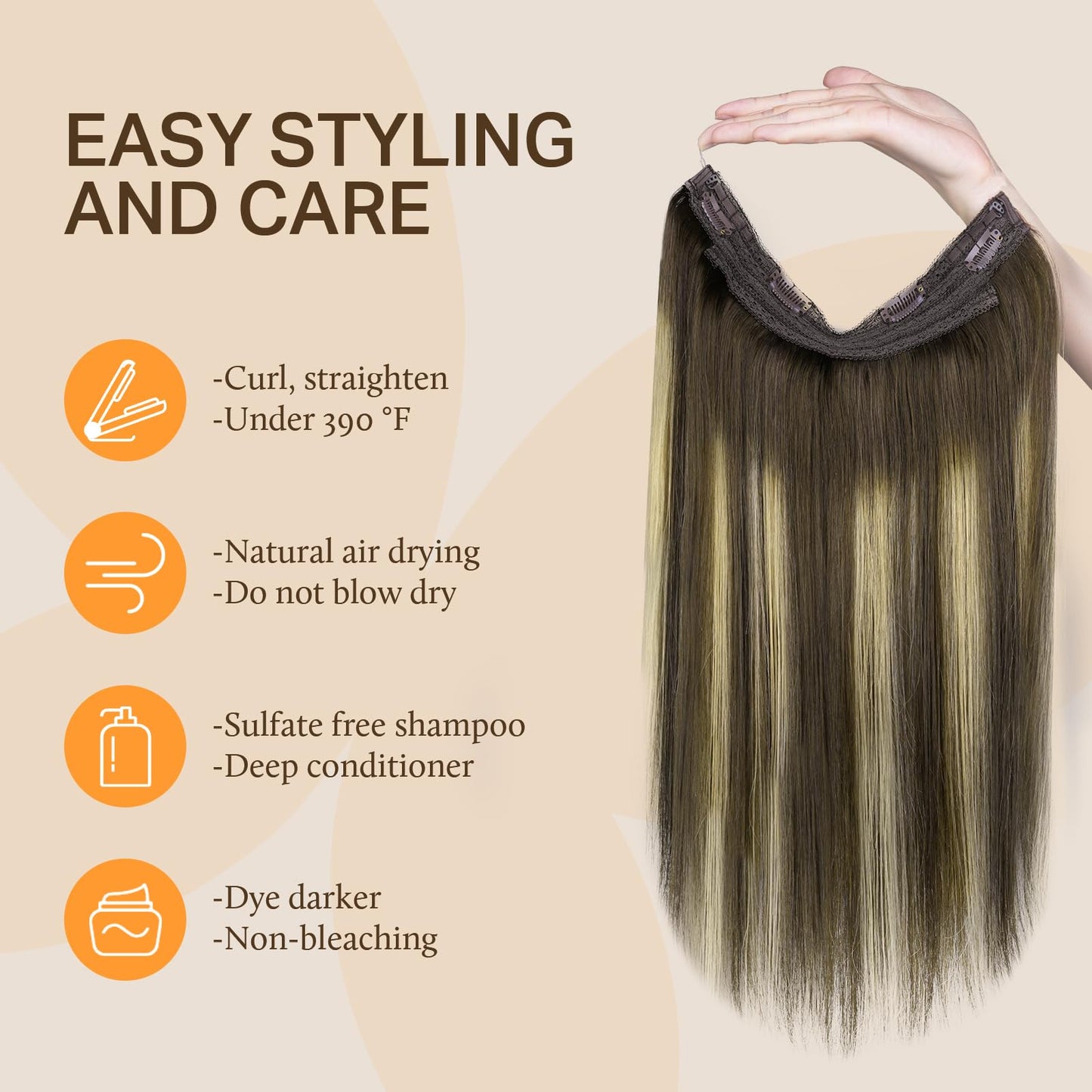 DOORES Wire Hair Extensions 14 Inch 75g Remy Human Wire Hair Extensions Invisible Transparent Line Adjustable Hairpieces Secret Extensions Straight Hair Balayage Chocolate Brown to Caramel Blonde