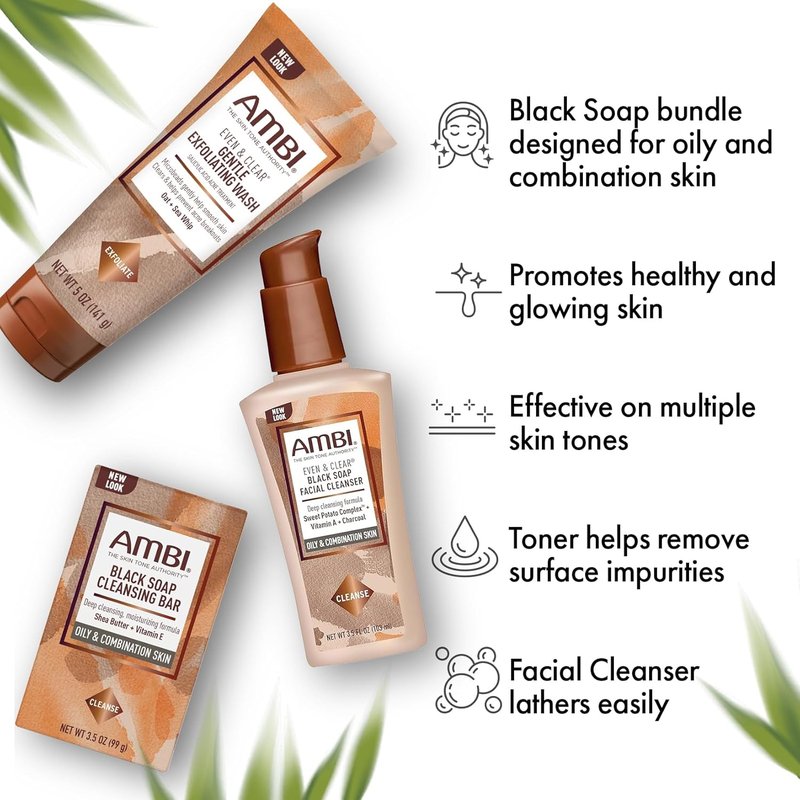 Facial Care Gift Set - Ambi Black Soap Cleansing Bar & Exfoliating Wash | Satin Bonnet Included