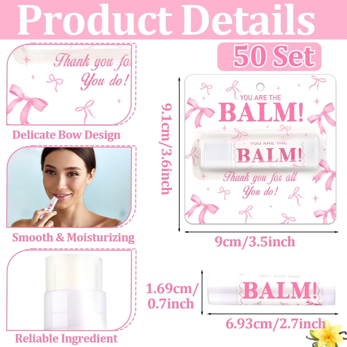 50 Pack Pink Bow Lip Balm Bulk Bow Thank You Gifts Appreciation Moisturizing Lip Care Set Valentine's Galentine's Day Bachelorette Party Favor for Women Wedding Bridal Spring Supplies