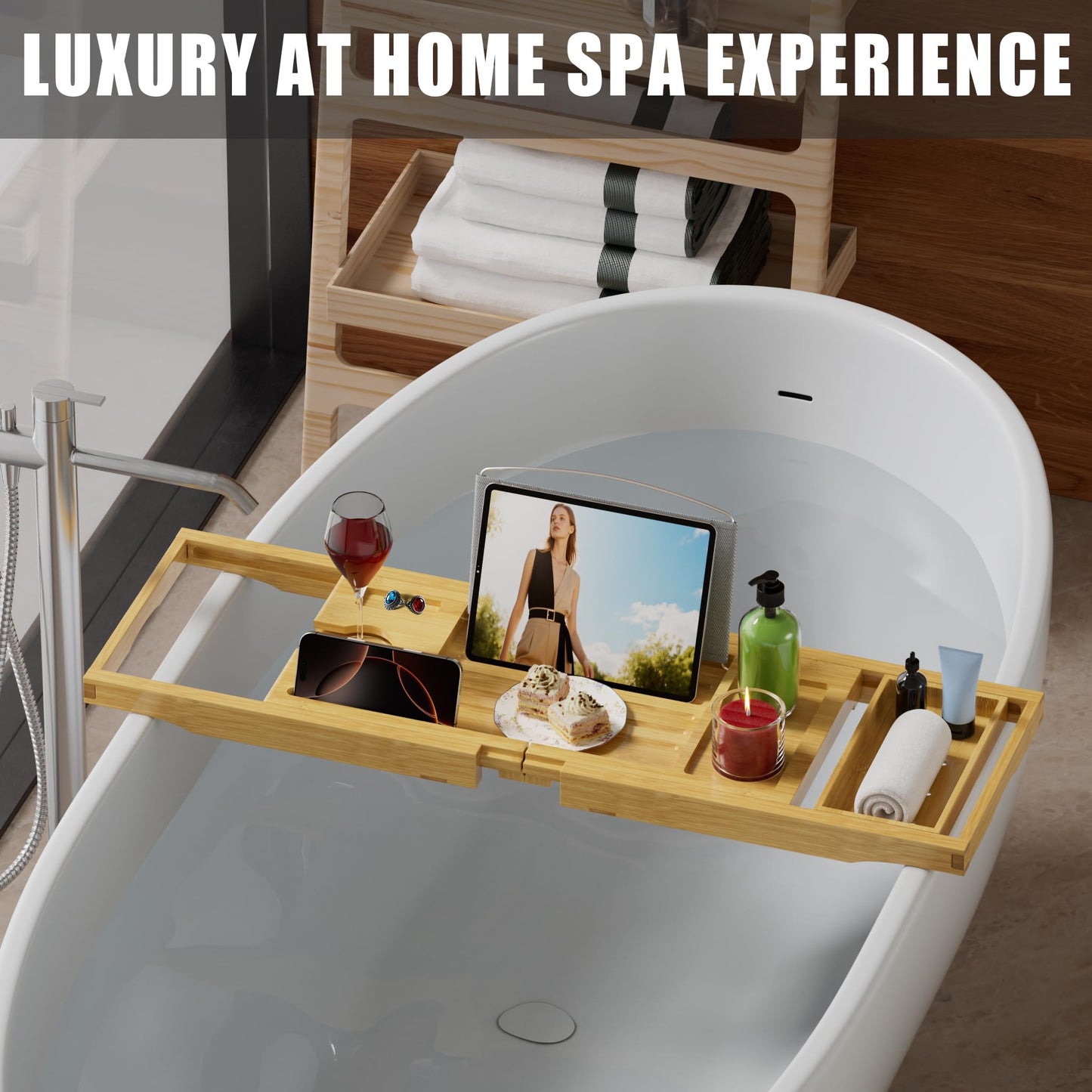 Bamboo Bathtub Tray Caddy, Foldable Bath Tray for Tub