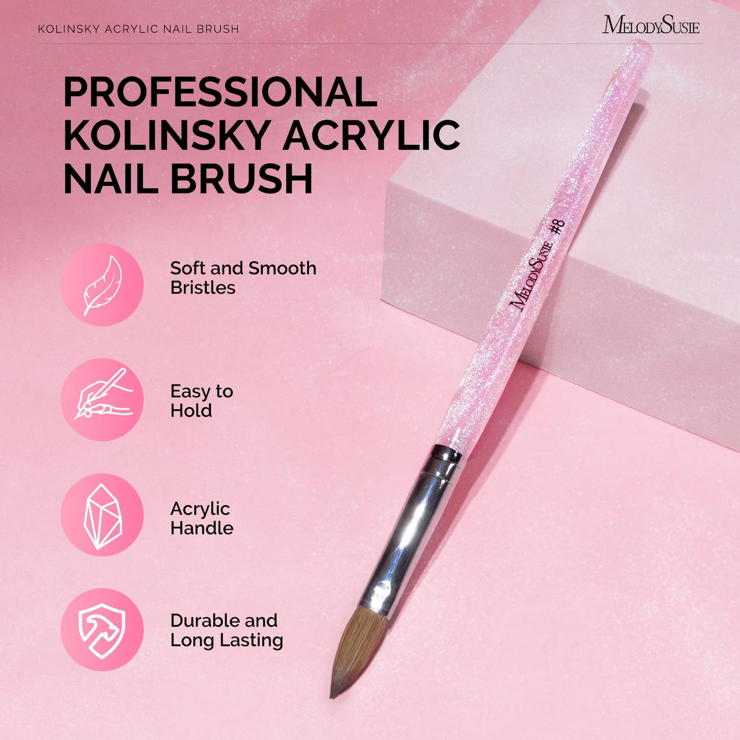 MelodySusie Kolinsky Acrylic Nail Brush,66% Kolinsky Hair Professional Nail Art Brush for Acrylic Application, Aurora Collection Fine Glitter Brush, Size 8