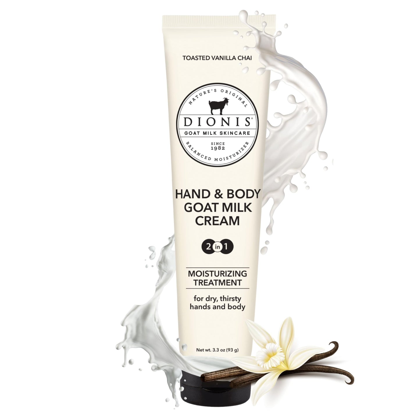 Dionis Goat Milk Skincare Bundle - Vanilla Chai Hand & Body Cream (3.3 oz Travel Size) & Body Lotion (8.5 oz Full Size), Moisturizing Set for Dry and Sensitive Skin, Cruelty-Free and Paraben-Free