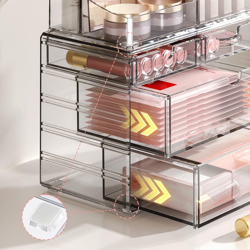 Delamu 4-Tier Clear Makeup Organizer with Drawer, Stackable Acrylic Cosmetic Storage for Bathroom Vanity, Dresser Countertop, Make Up and Jewelry Storage, Beauty Holder for Lipstick Brush Skincare