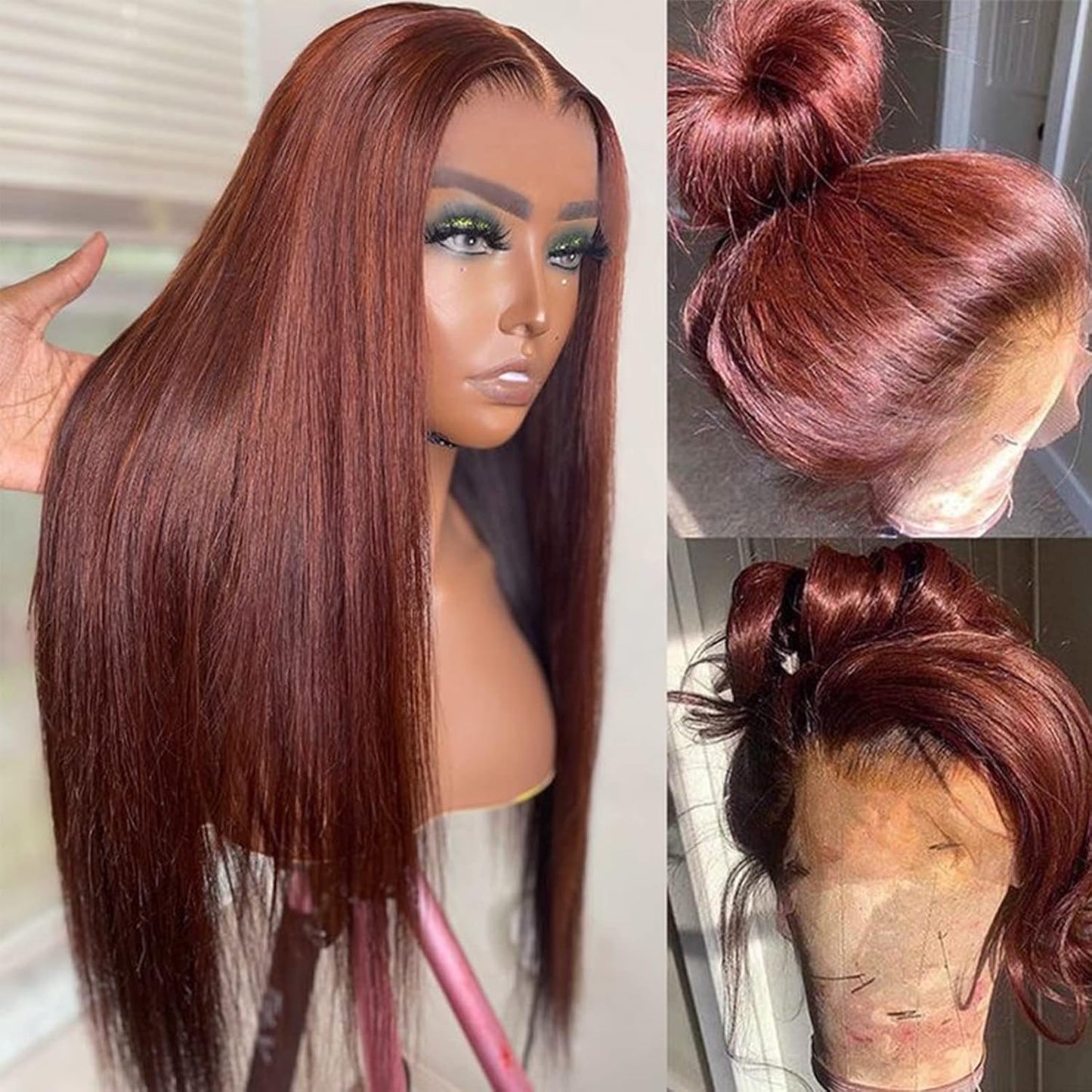 Glueless Synthetic Lace Front Wig - Long Straight Reddish Brown | Heat Resistant Hair Replacement for Women
