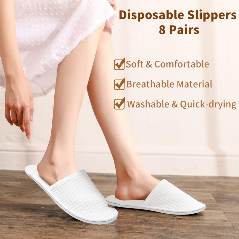 HJORZMM Disposable Slippers for Guests, 8 Pairs Coral Fleece Non Slip Hotel Slippers, Unisex, Washable Reusable for Hotel, Guest, Travel, Bride, Women