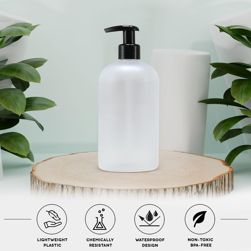 Refillable 16 oz PET Plastic Bottles - Set of 4 with Lotion Pumps for Shampoo, Body Wash & More | Drip-Free, Rust-Free (Frosted Clear)