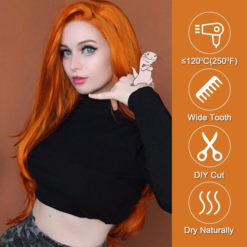 Orange Lace Front Wig - 13x4 Synthetic Natural Wave - 26 Inch Glueless Pre Plucked for Daily Cosplay & Halloween
