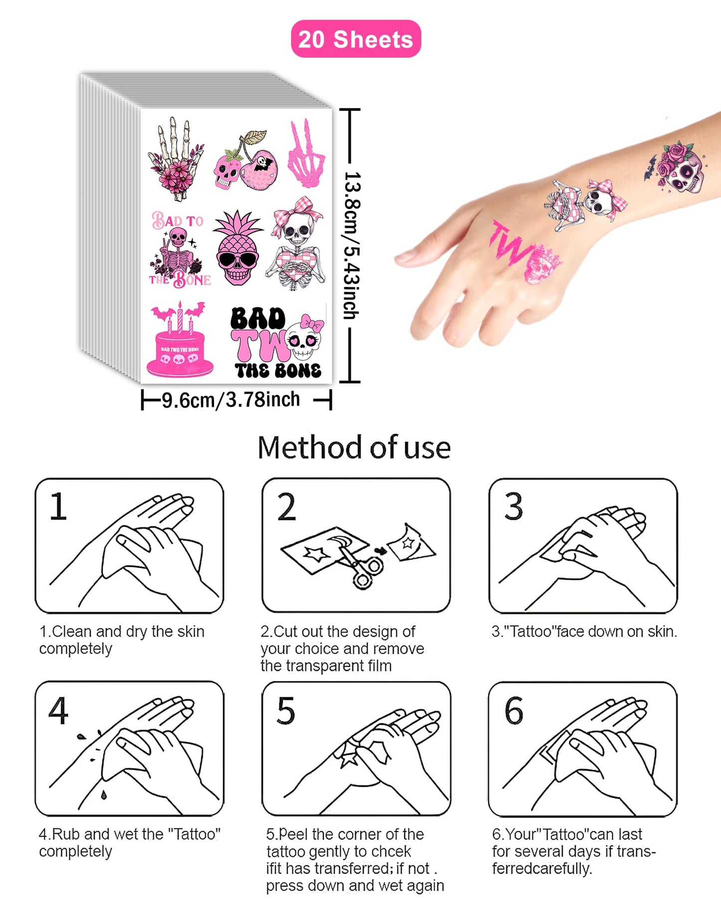 192 Pieces Bad Two The Bone Black and Pink Temporary Tattoos Stickers,20 Sheets 2nd Birthday Skeleton Themed Tattoos Stickers Party Decoration Supplies Party favors