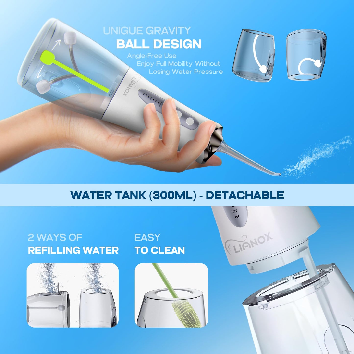 Water Flosser Cordless Portable, 300ML Detachable Oral Irrigator for Teeth Cleaning, 5 Modes Dental Water Flosser for Braces & Gum Care, USB Rechargeable Waterproof