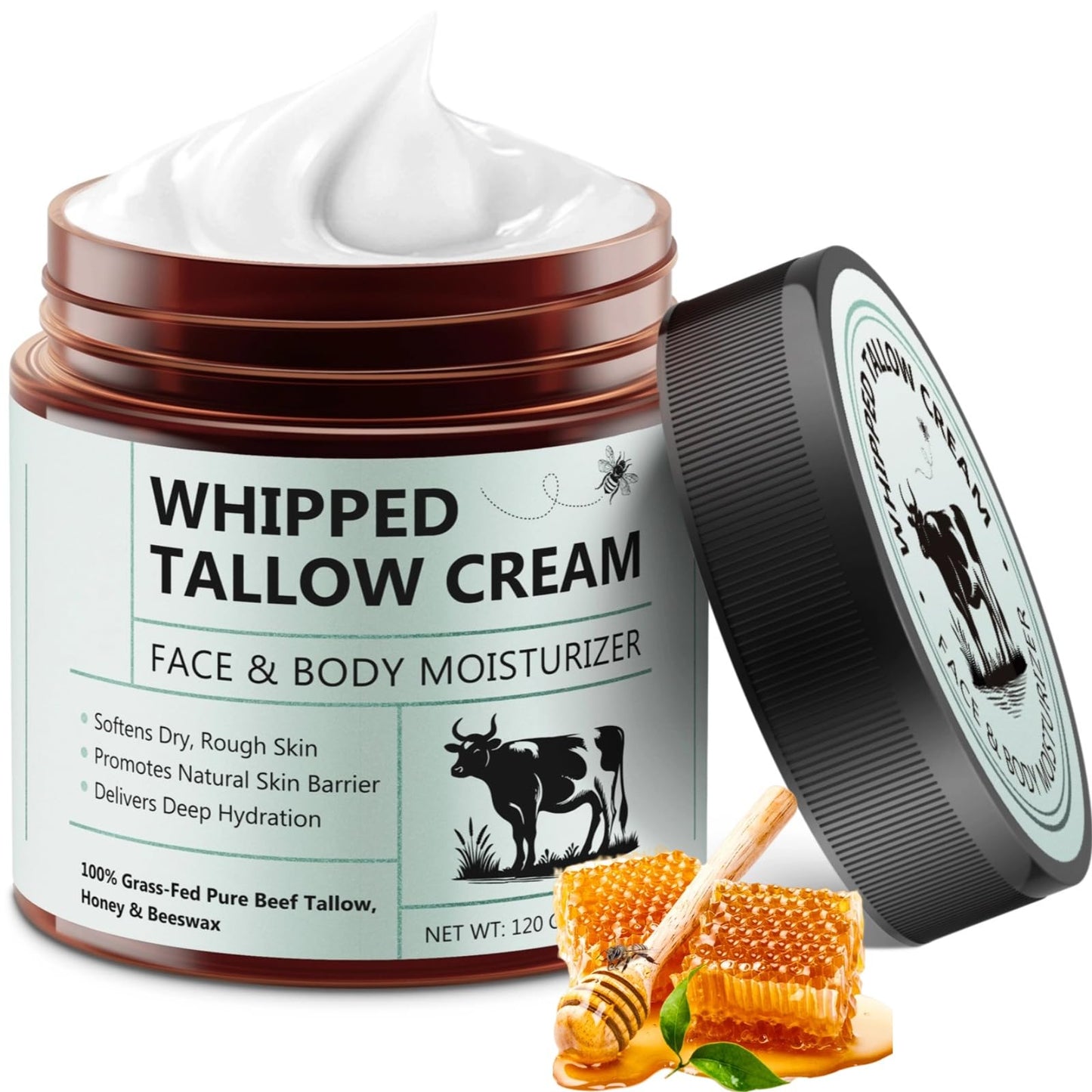 laraspi Beef Tallow for Skin, Beef Tallow Moisturizer, 8.4 oz Organic Whipped Grass Fed Beef Tallow with Honey Cream for Face & Body, Unscented