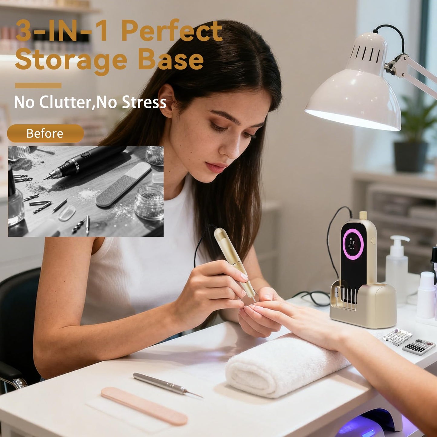 Electric Nail Drill 45000RPM, 2025 Pro High Tech Fast Remove Cordless Nails Drill with Rechargeable Stand for Acrylic Nails, 12Pcs Drill Bits and Holder, LCD Professional Nail Machine for Salon Home