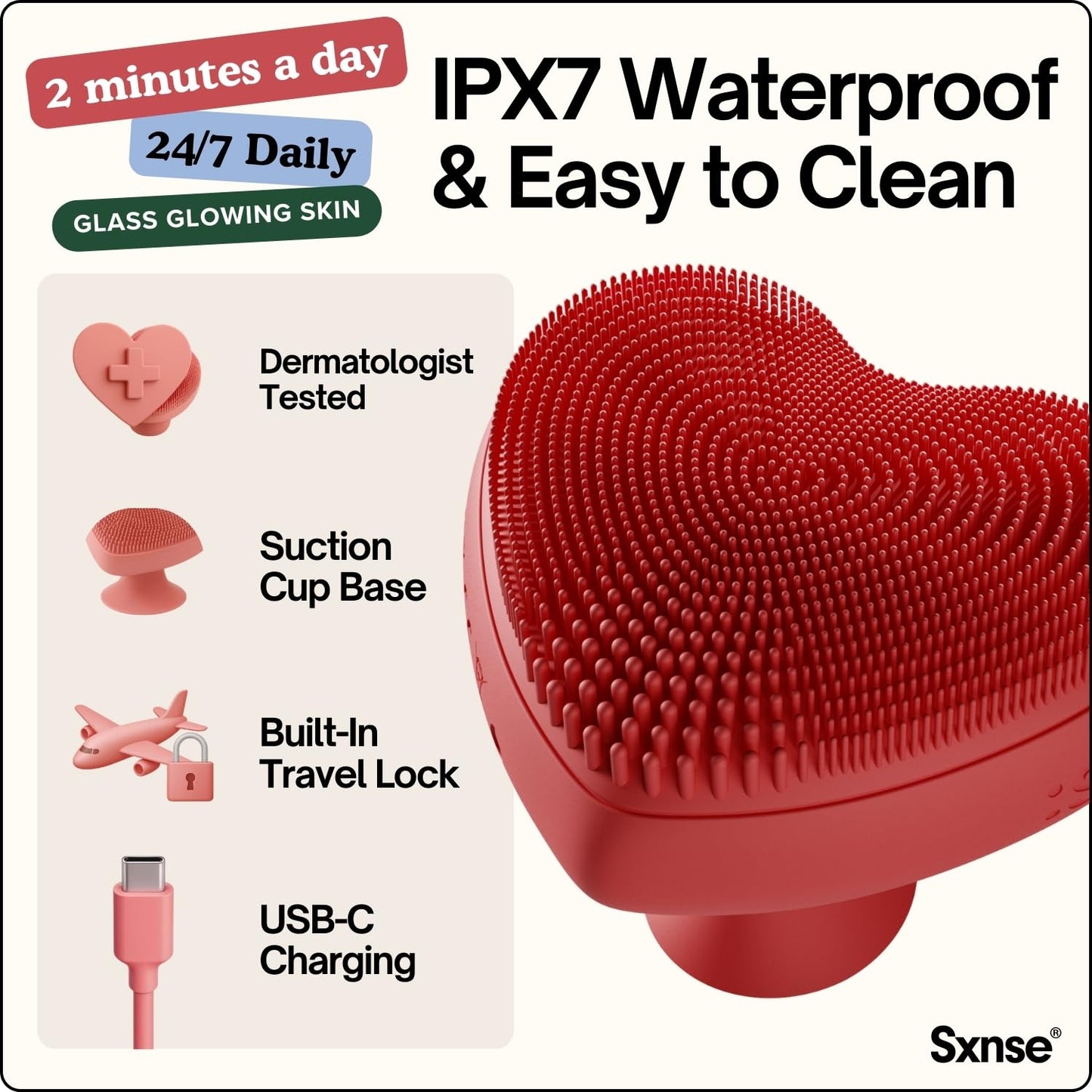 Heart Face Clean Pro⁺ - Electric Silicone Facial Scrubber for Acne with 7000+ Sonic Pulses - IPX7 Waterproof Rechargeable Exfoliator with Slip-Free Grip, 3 Speed Settings & Phthalate-Free - Cherry